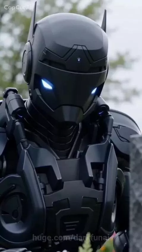Futuristic robot with glowing blue eyes kneeling at a tombstone, gently touching it.