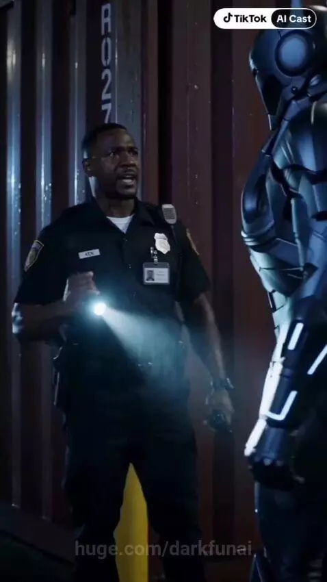 Futuristic robot with glowing blue lines being inspected by a police officer in a wet shipping yard at night.