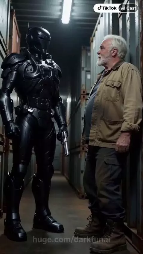 Man with white beard in brown jacket facing a tall robot with glowing blue eyes holding a handgun between shipping containers.