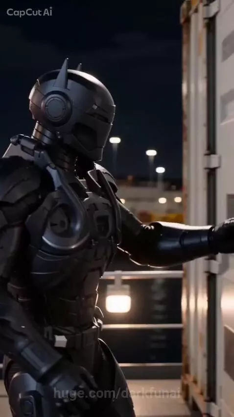 Person in black futuristic armor opens a shipping container filled with blue energy drink boxes at night.