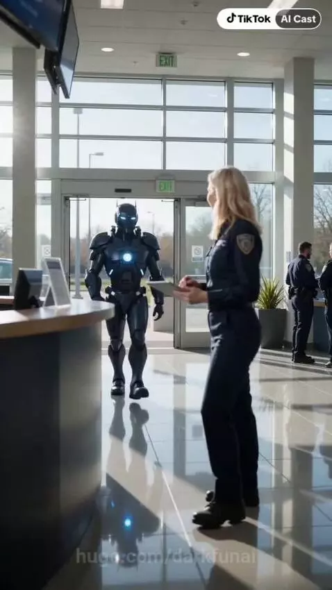 Woman in uniform and a humanoid robot with blue accents stand ready for patrol.