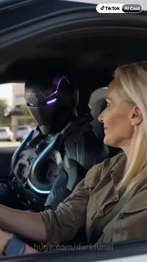 Woman driving a police SUV with a robot in the passenger seat, discussing a nickname.