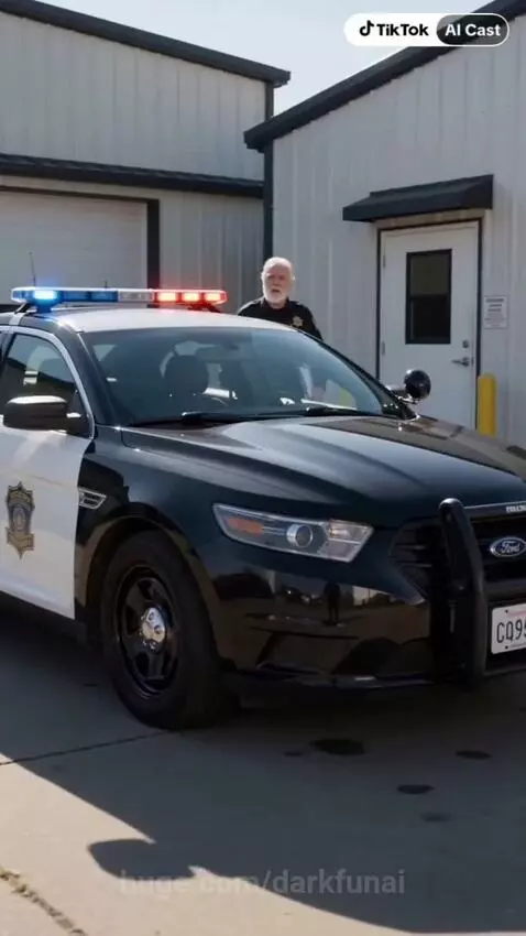 A blonde female officer and a futuristic robot with blue lights question an older man with a white beard next to a police car.