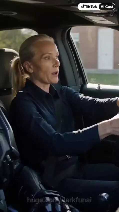 A female police officer drives a car with a metallic robot partner who has glowing eyes.