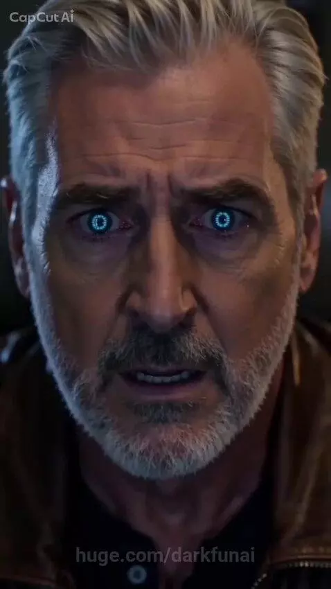 Man with glowing blue digital eyes looking scared at an evidence bag, with AI brain scan visuals.