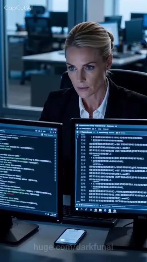 Woman in black blazer and white shirt coding at a desk with dual monitors, answering a vibrating smartphone.