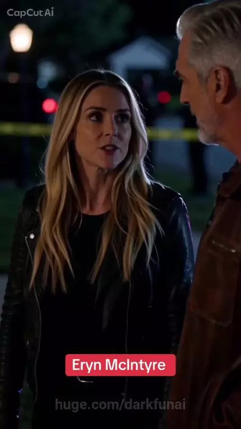 Man and woman in leather jackets at a nighttime crime scene with police tape and flashing lights, discussing a victim.
