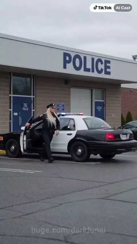 Armored robot with helmet resembling Batman's ears stands over a collapsed female police officer.