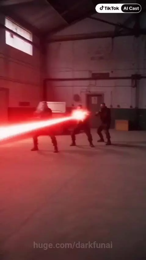 Woman and cyborg hiding, then a car transforms and flies out of a warehouse.