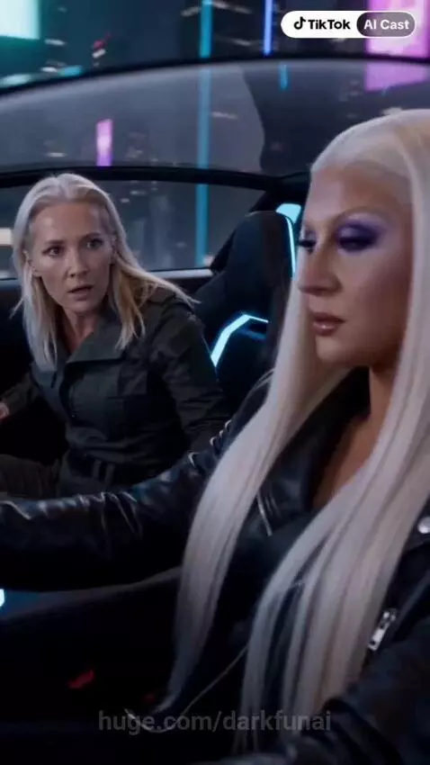 Two women in a futuristic flying car at night, soaring through a neon cityscape. One is driving, the other is surprised.