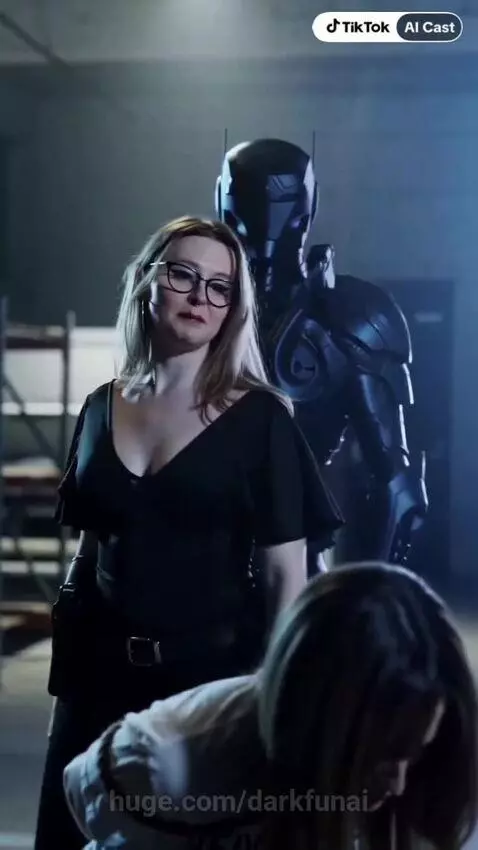 A distressed woman tied up in a warehouse, with a futuristic armored figure and another woman observing her.