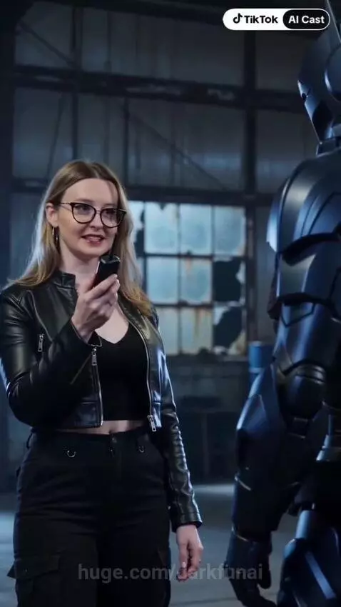 Woman in leather jacket holding remote confronts robot in warehouse, man tied up in background.