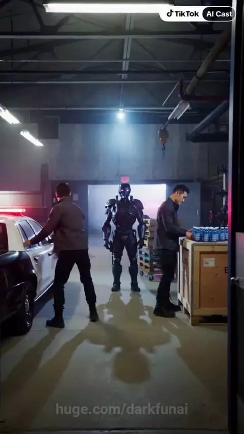 Futuristic police robot Rex with glowing purple eyes escorts a suspect in a dimly lit warehouse.