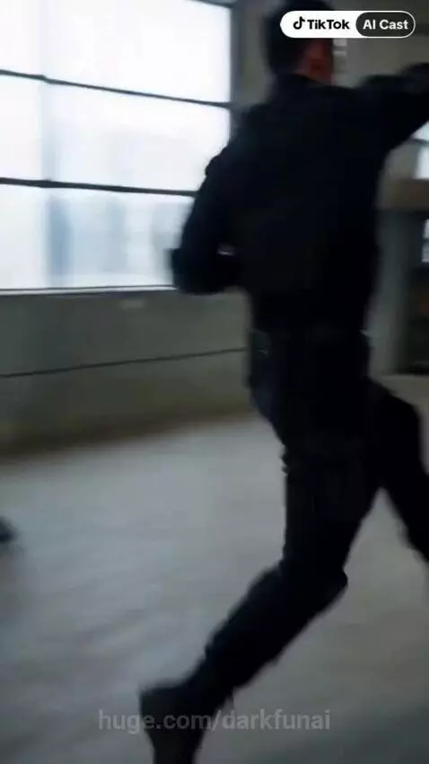 Two men in tactical gear with assault rifles in a warehouse, one shouting commands, followed by a robotic suit.