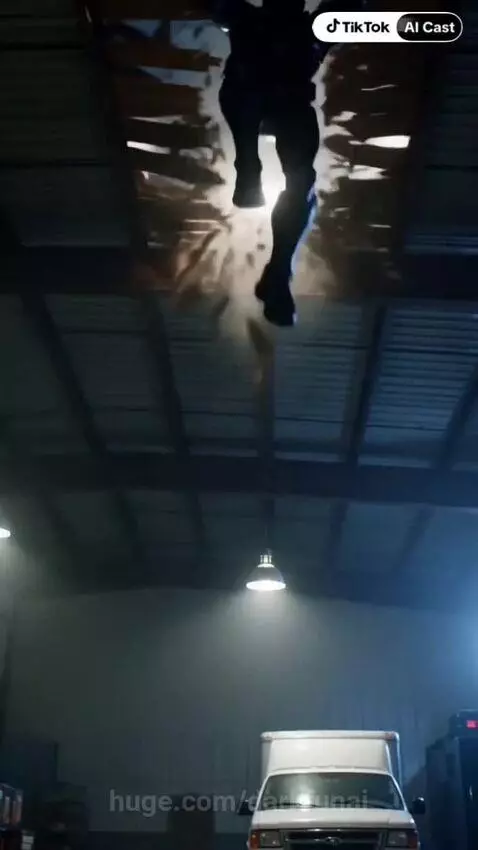 Armored figure with glowing red eyes crashes through a ceiling, confronting men loading boxes of caffeinated drinks.