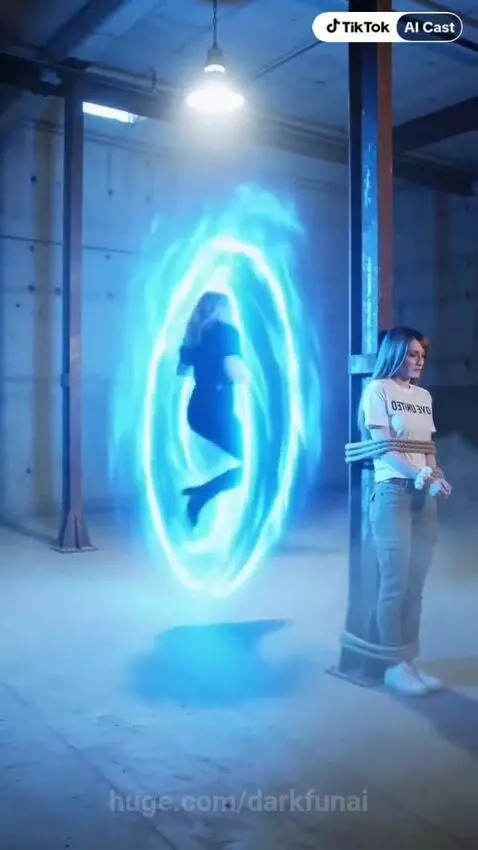Man in black armor emerges from a blue portal to rescue a woman tied to a pillar.