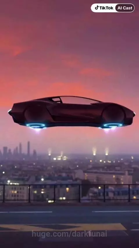 Futuristic flying car with a couple inside, hovering over Paris with the Eiffel Tower visible at sunset.