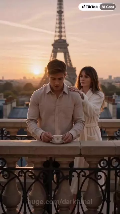 Couple embracing on a balcony with the Eiffel Tower at sunset.
