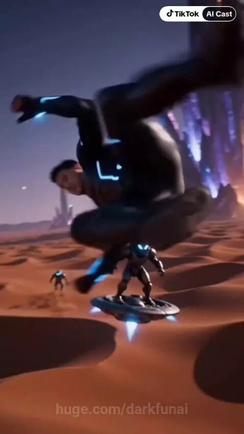 Man in a blue and black glowing suit fighting armored figures in a desert with purple crystals and a large celestial body.