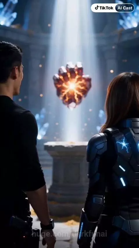 Man and woman in futuristic armor reach for a glowing blue crystal artifact called 'The Ring of Fire'.
