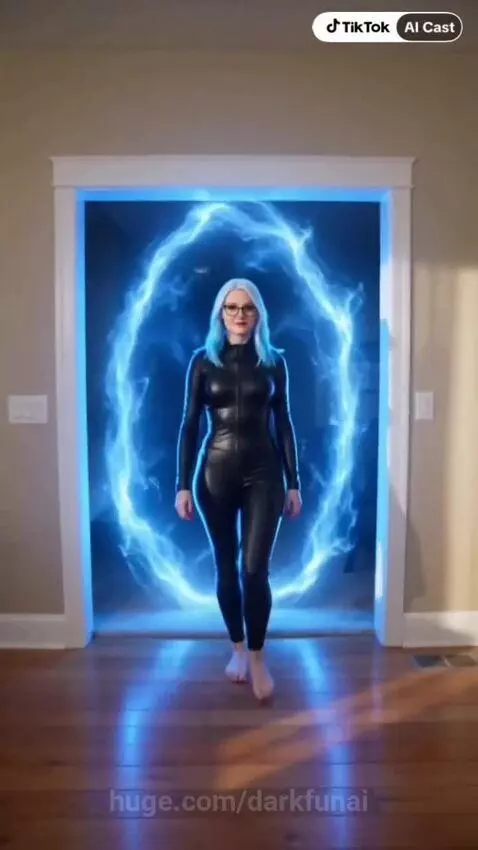 Woman with blue hair in a catsuit emerges from a glowing blue dimensional portal in a doorway, surprising a man.