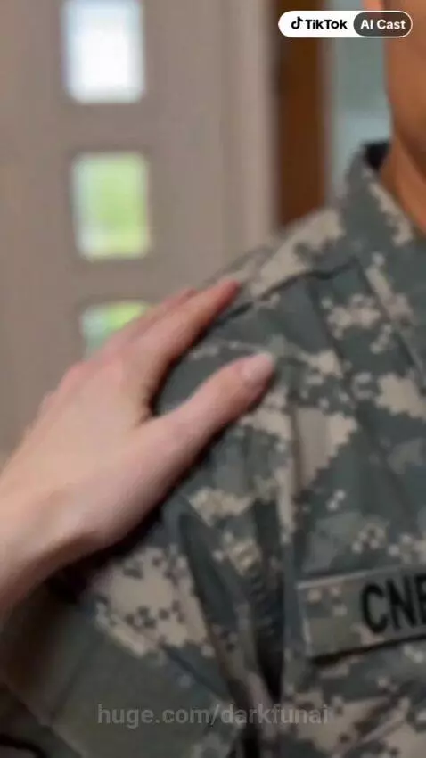 Man in pajamas transforms into a military uniform after a woman touches his shoulder.
