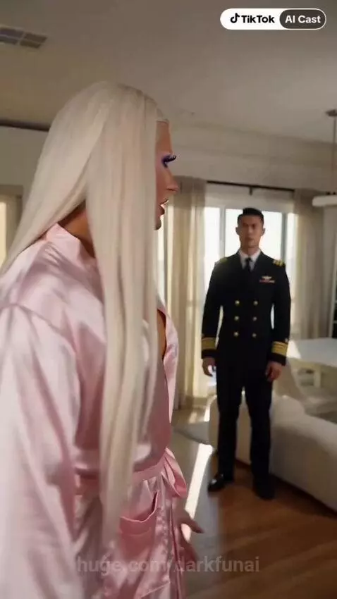 Woman in pink satin robe with cleavage visible, speaking to a man in a naval uniform, asking if he is a robot.