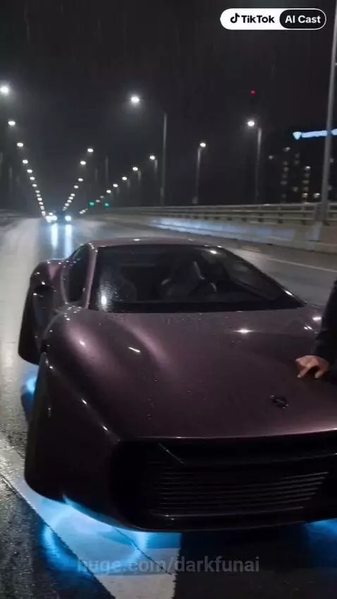 Couple escaping in a futuristic purple hovercar at night on a wet road.