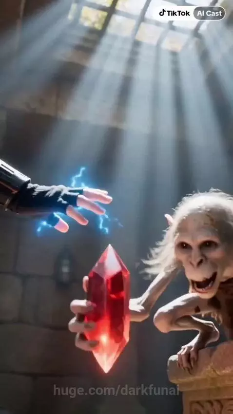 Sméagol-like creature snatches a glowing red crystal from a woman in a futuristic temple.