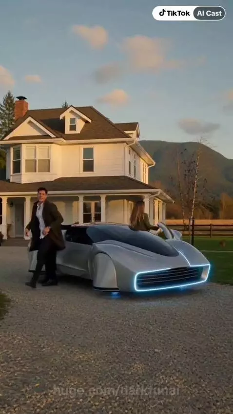 A futuristic silver car with blue lights parked in front of a house, a man hugs his son, a woman smiles.