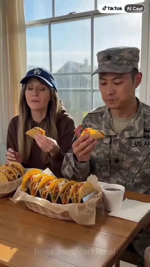 Man in US Army uniform and woman eating tacos, interrupted by another woman.