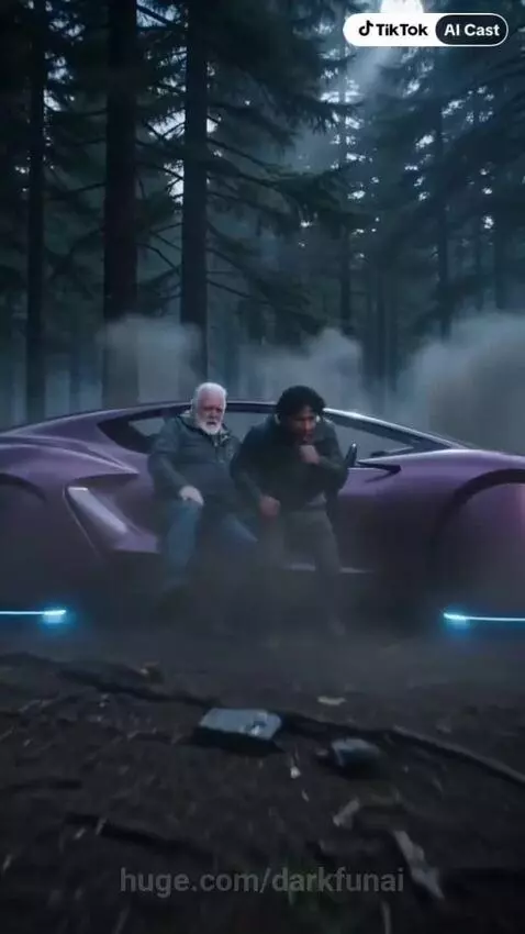 Futuristic purple car crashed in a forest, two men exiting.