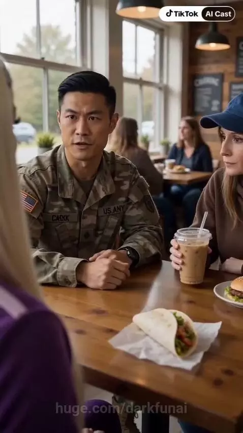 Man in military uniform, Heather, and her mom at a cafe table discussing dimensions, with glowing blue eyes.