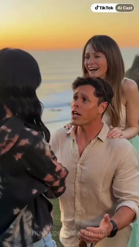 Couple embracing by the ocean at sunset, woman confronts man who claims he's a cyborg.
