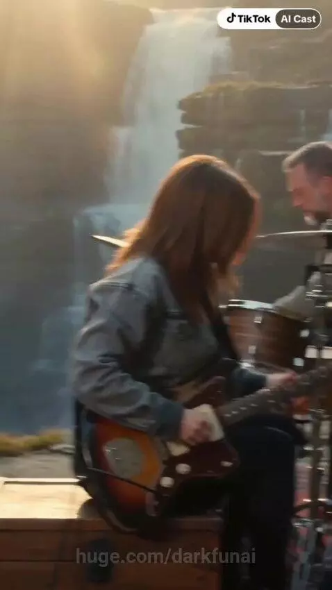A female singer with blonde hair performs by a waterfall, with a guitarist and drummer beside her.
