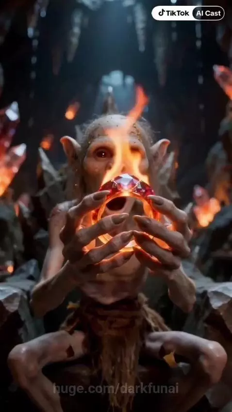 Gollum-like creature holding a glowing ring in a crystal cave, facing off against two figures in futuristic suits.