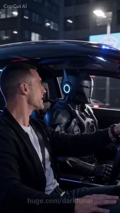 Futuristic flying police car in a neon city at dusk, with a robot and human inside.