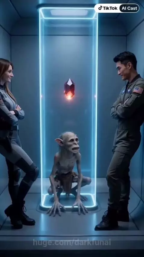 Creature resembling Gollum in a glowing blue enclosure with a red crystal above, watched by a scientist and a pilot.
