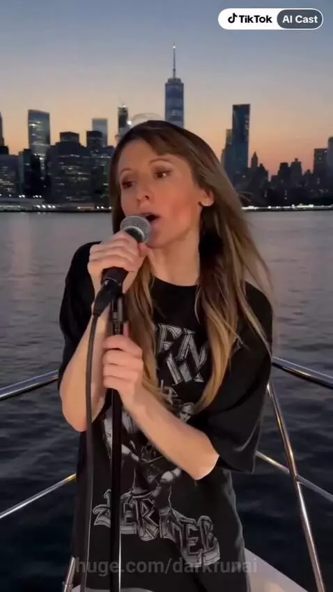 Woman singing passionately on a boat at dusk with city skyline, then with a band indoors.