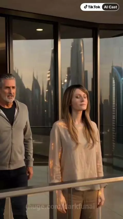 Woman and man on a balcony overlooking a futuristic city skyline at sunset.