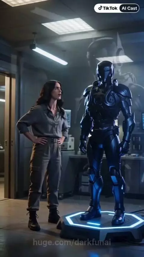 Woman looking frustrated at a humanoid robot with glowing purple eyes in a futuristic lab.