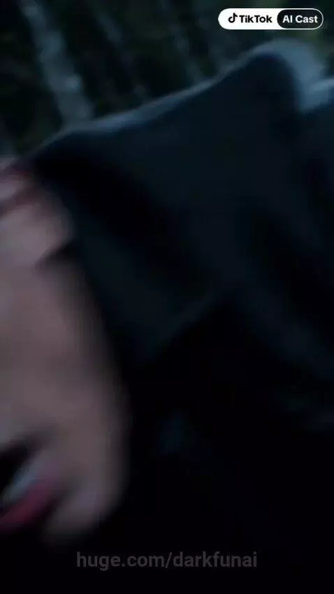 A man running in a dark forest at night, with a monster with glowing red eyes behind him.