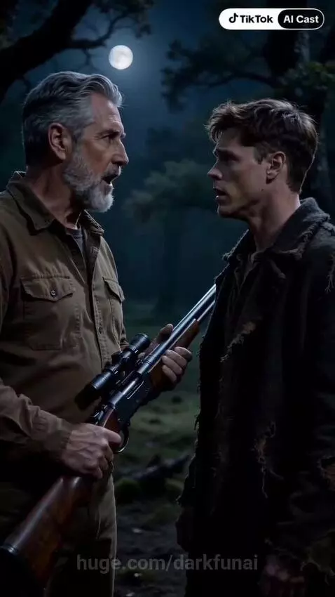 Man with grey beard holding rifle confronts younger man in tattered clothes in a moonlit forest, futuristic motorcycle nearby.