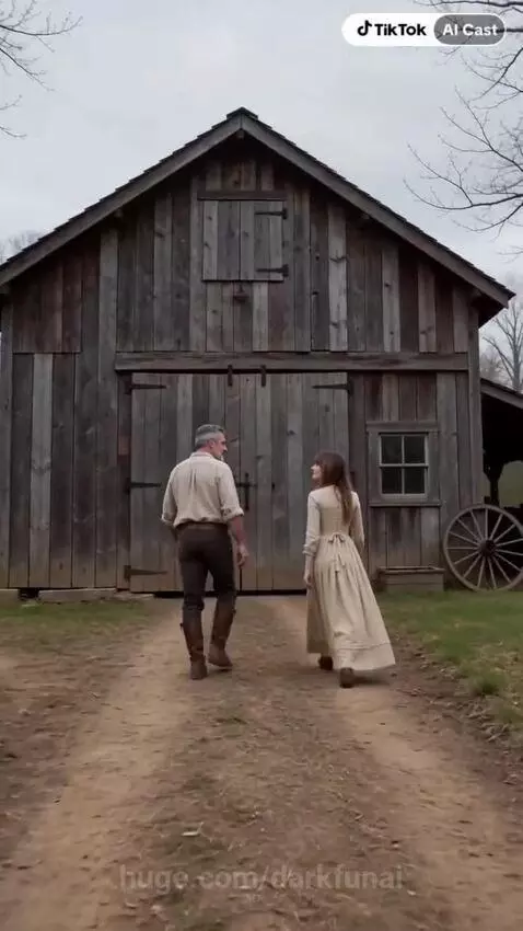 Two women in period clothing in front of a rustic wooden barn, one introducing the other.