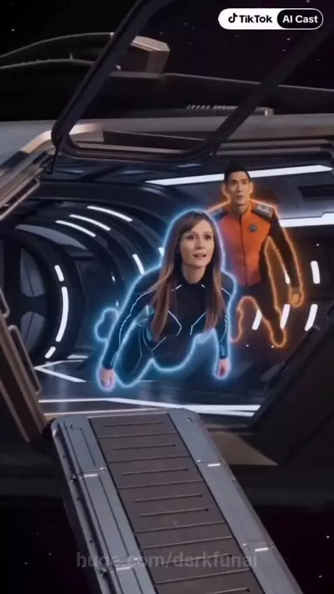 Futuristic spaceship orbiting a red planet with glowing celestial bodies and a nebula.