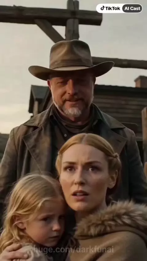 Woman embracing a young girl in a dusty Western town, symbolizing adoption and a new life.