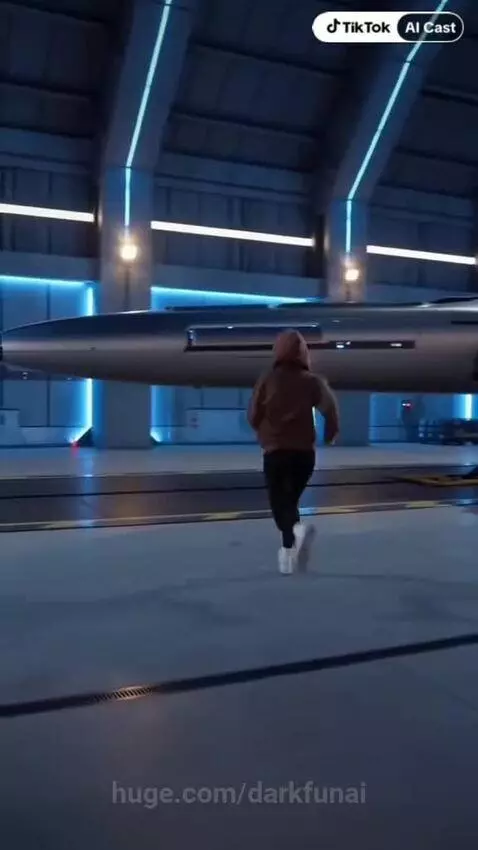 Woman in hoodie peeking from behind pillar in futuristic hangar, then running towards a spaceship with energy burst.