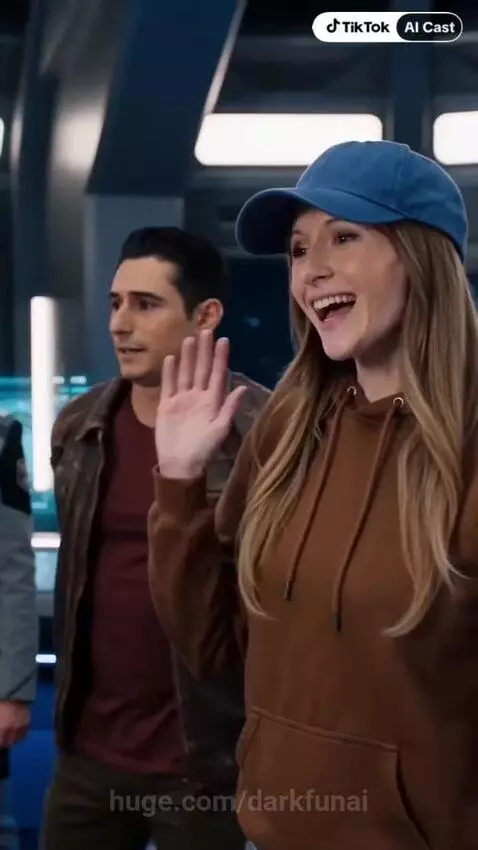 Princess and Prince Griff on a futuristic spaceship bridge, interacting with the crew.