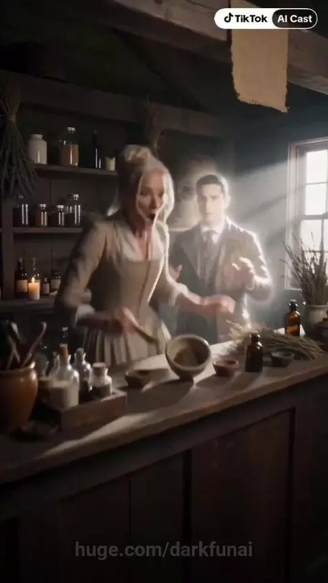 Woman in period dress holding a wooden spoon, startled by a man who just shimmered into existence behind her.