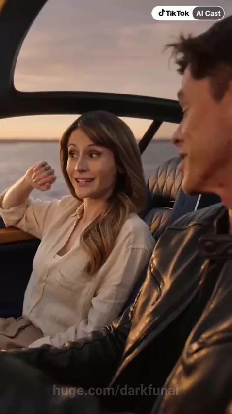 Couple arrives at a French manor at sunset in a futuristic silver car with glowing blue lights.